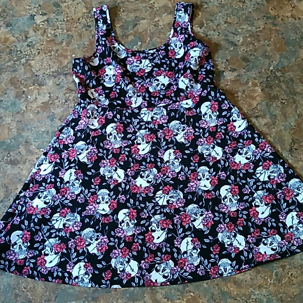 Women's Black Floral Skull Print Fit & Flare Dress